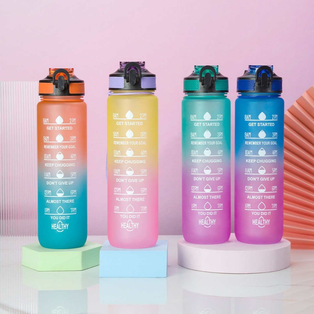 Daily Tracking Leakproof Motivational Water Bottle with Time Marker & Straw 1000 ml - Random Color