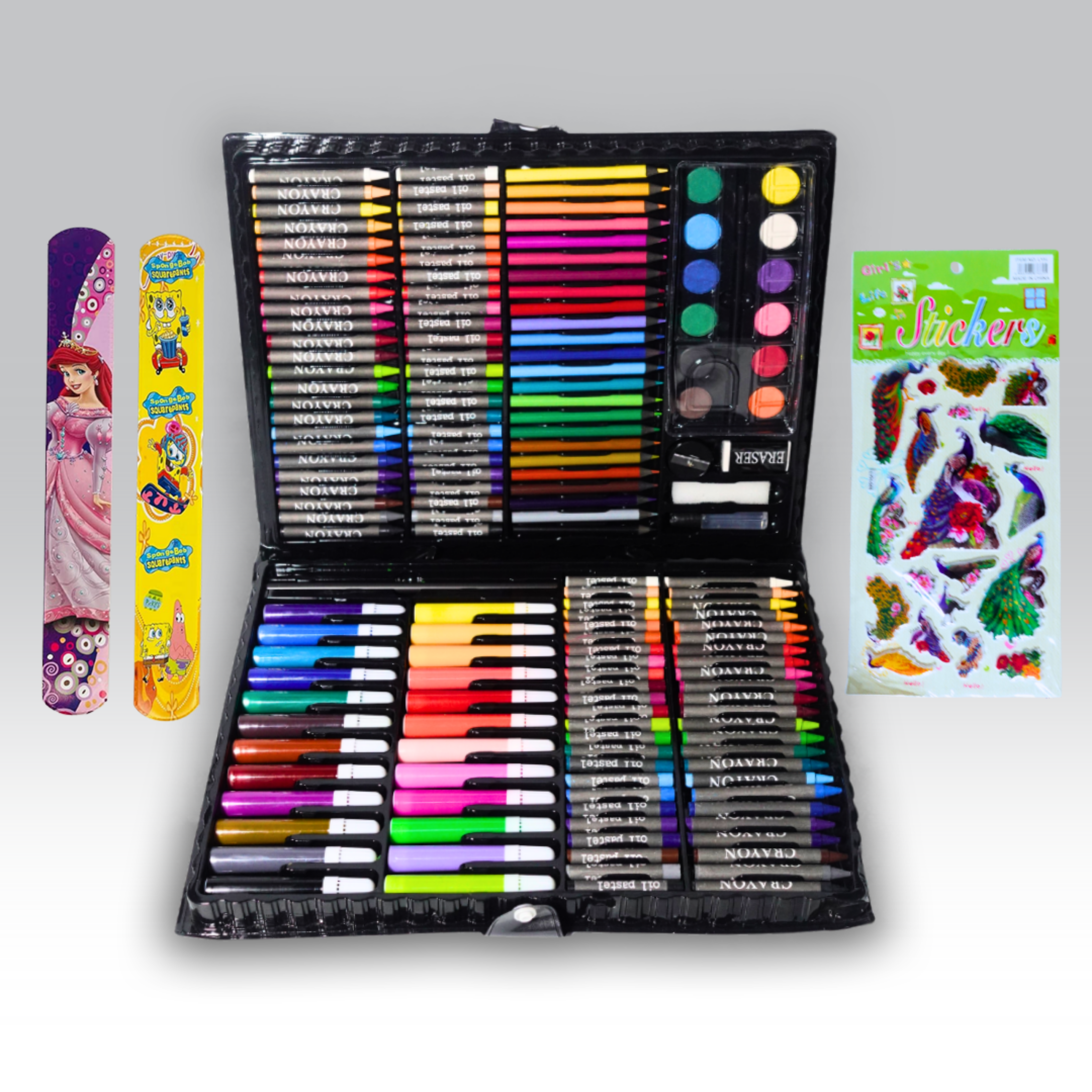 168 Pieces Art Set for Kids with Case + Sticker Set and 2 Wrist Metal Band Combo