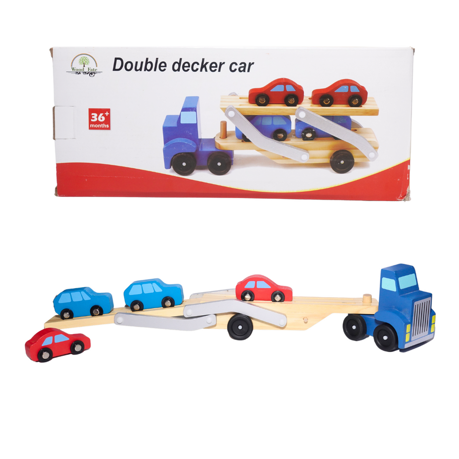 Wooden Handmade Double Decker Car Loader Toy with 4 Cars