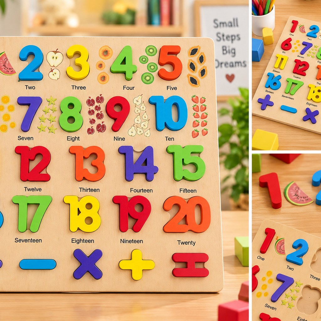 1–20 Wooden Number Puzzle Board with Math Symbols & Counting Pictures – Educational Learning Toy for Kids