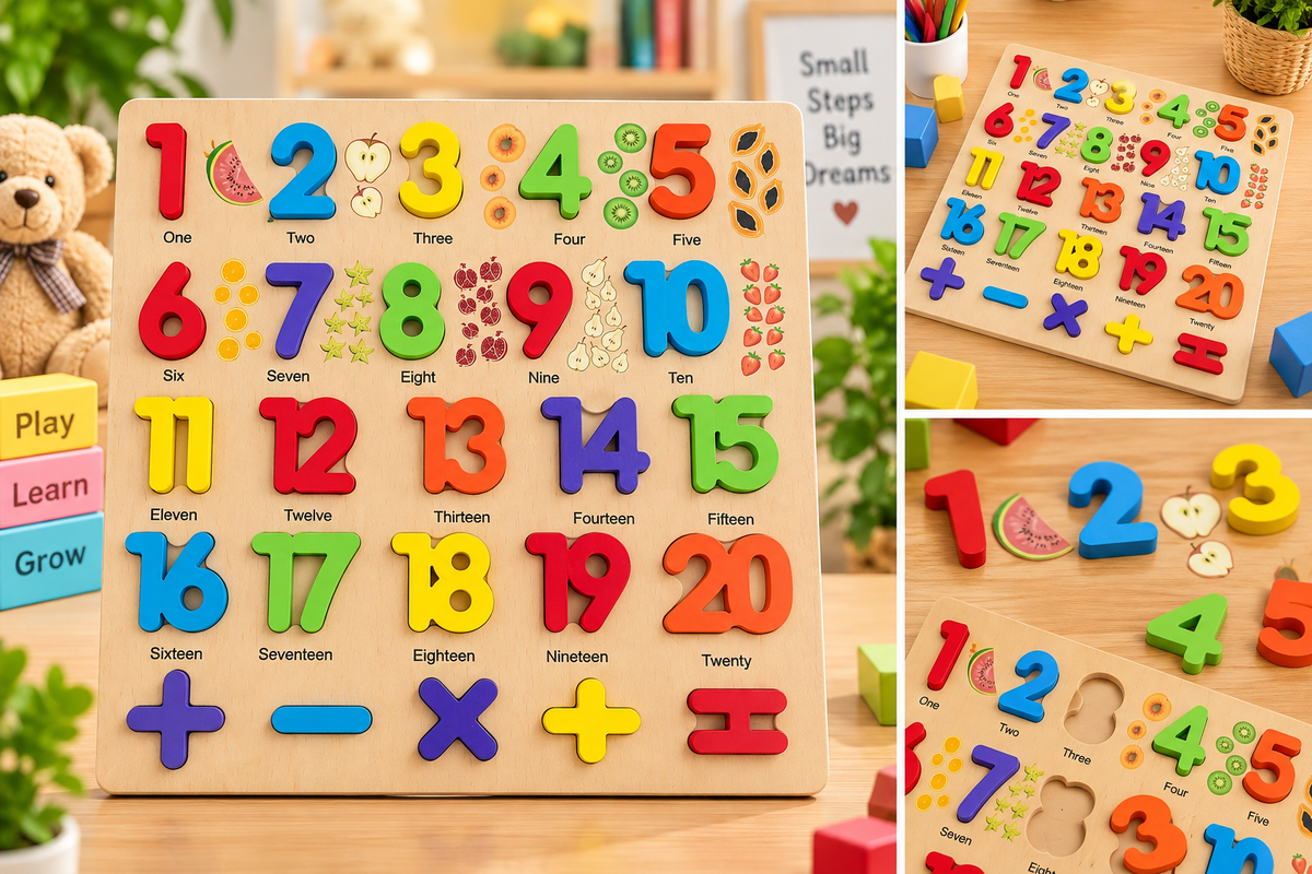 1–20 Wooden Number Puzzle Board with Math Symbols & Counting Pictures – Educational Learning Toy for Kids