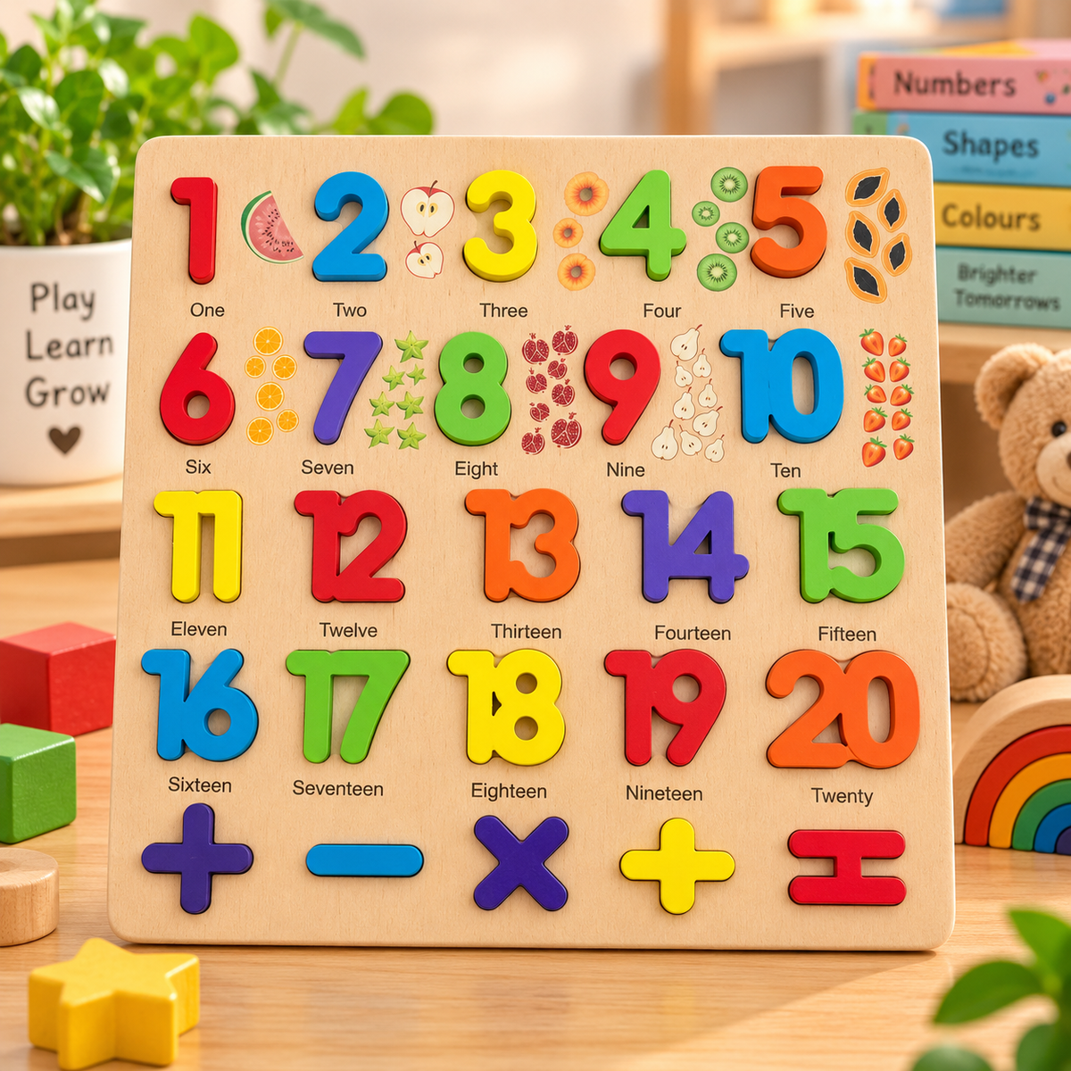 1–20 Wooden Number Puzzle Board with Math Symbols & Counting Pictures – Educational Learning Toy for Kids