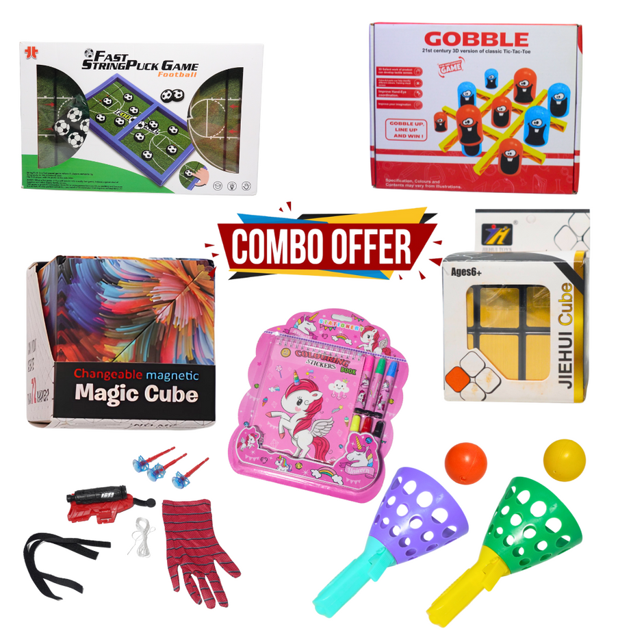 Year End Mega Combo - Puck Game Board | Tic Tac Toe | Click and Catch Toy | Magic Cube | Mirror Cube | Spider Web Shooter | Stationary Kit