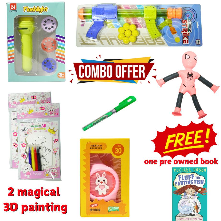 Premium Combo - Air Quantum Strike Gun, Tube Toy, Projector Set, Torch Pen, 2 Magic Painting, 8 sketch pen, Mosquito Repellent Bands with LED Light Up and FREE Book