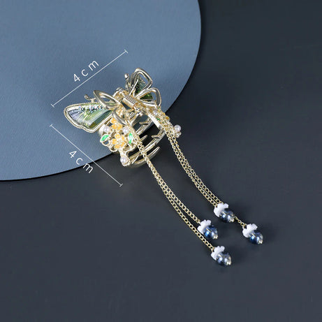 korean Elegant Butterfly Tassel Hair Claw Clip – Gold Metal with Green & Pink Floral Accents - 1 unit (Premium)