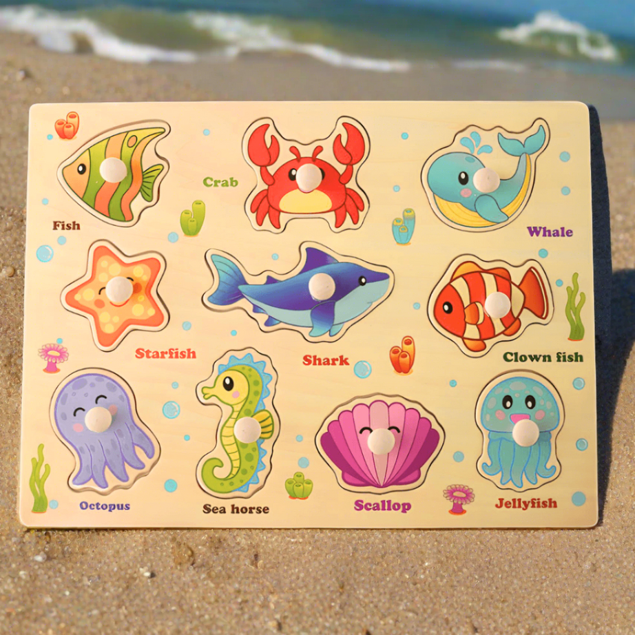 2 in 1 Marine Animals Wooden board with pins + Whiteboard, marker - Kids Bestie