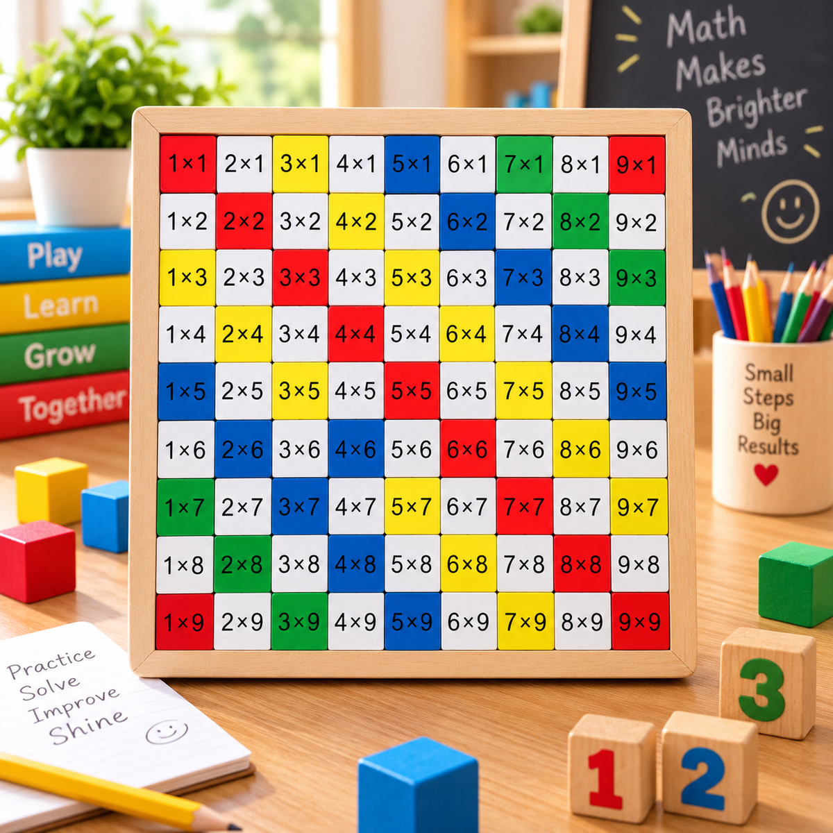 Wooden Multiplication Table Learning Board for Kids – Colourful 1 to 9 Times Table Educational Maths Puzzle