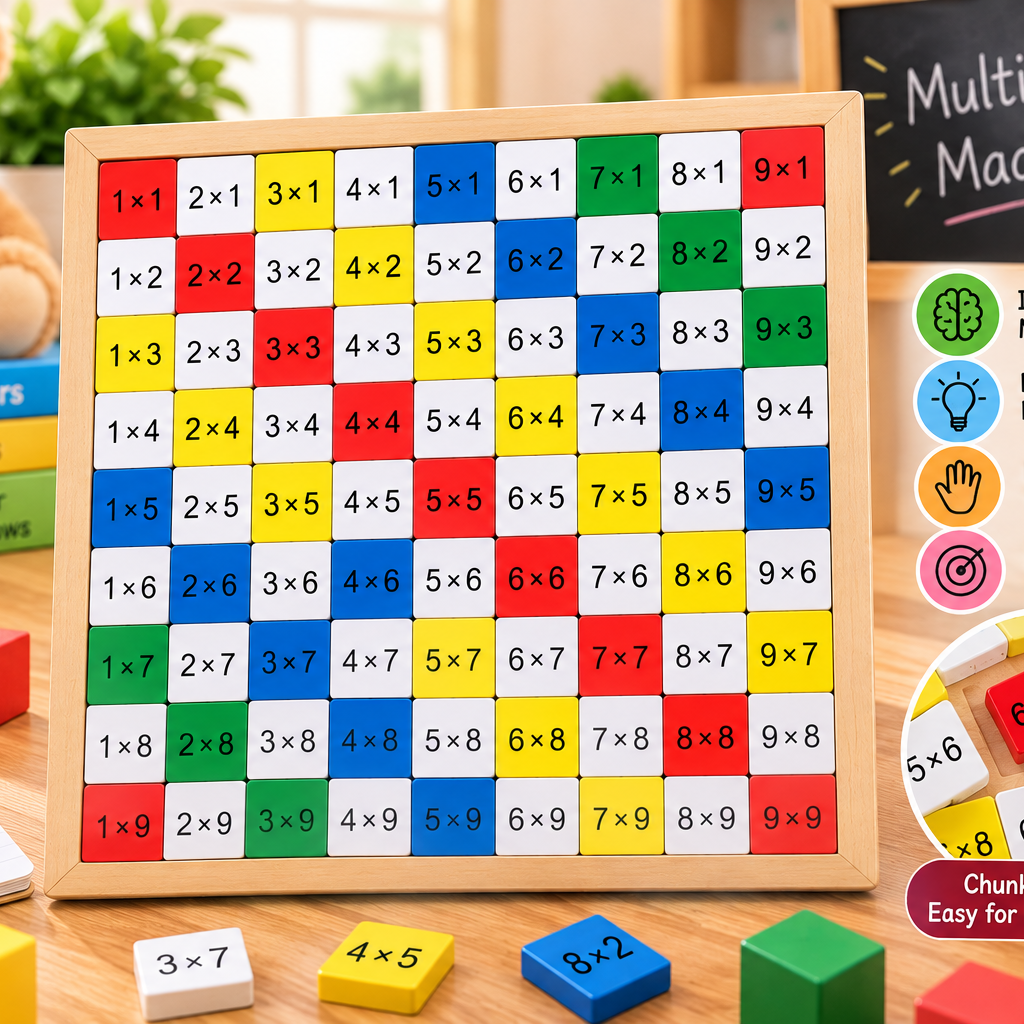 Wooden Multiplication Table Learning Board for Kids – Colourful 1 to 9 Times Table Educational Maths Puzzle