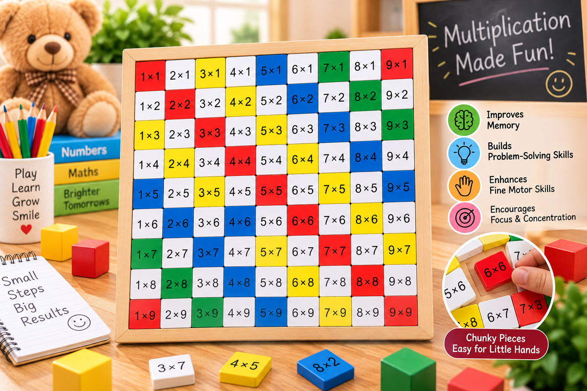 Wooden Multiplication Table Learning Board for Kids – Colourful 1 to 9 Times Table Educational Maths Puzzle