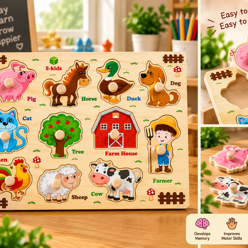 Wooden Farm Animals Peg Puzzle for Kids – Animal Recognition & Early Learning Knob Puzzle Board