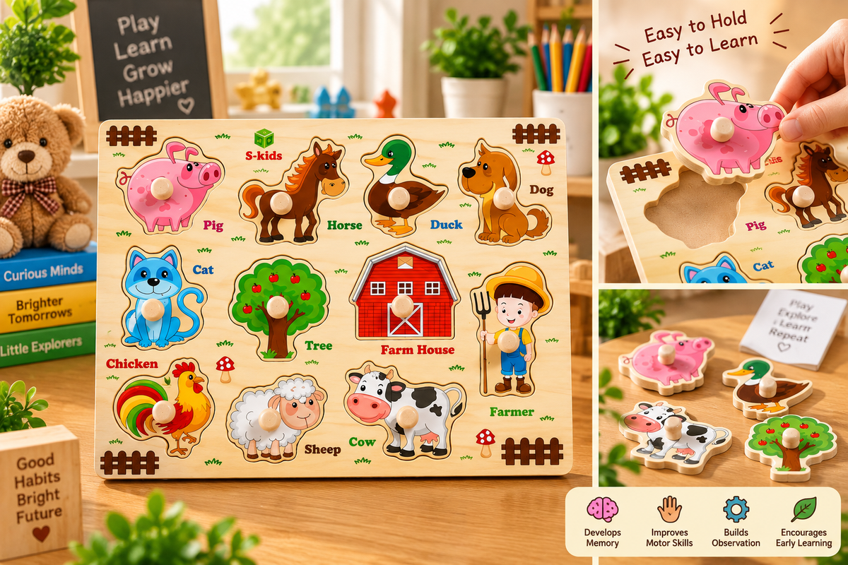 Wooden Farm Animals Peg Puzzle for Kids – Animal Recognition & Early Learning Knob Puzzle Board