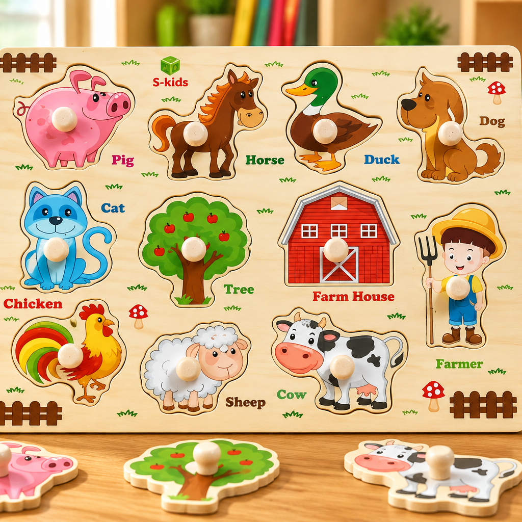 Wooden Farm Animals Peg Puzzle for Kids – Animal Recognition & Early Learning Knob Puzzle Board