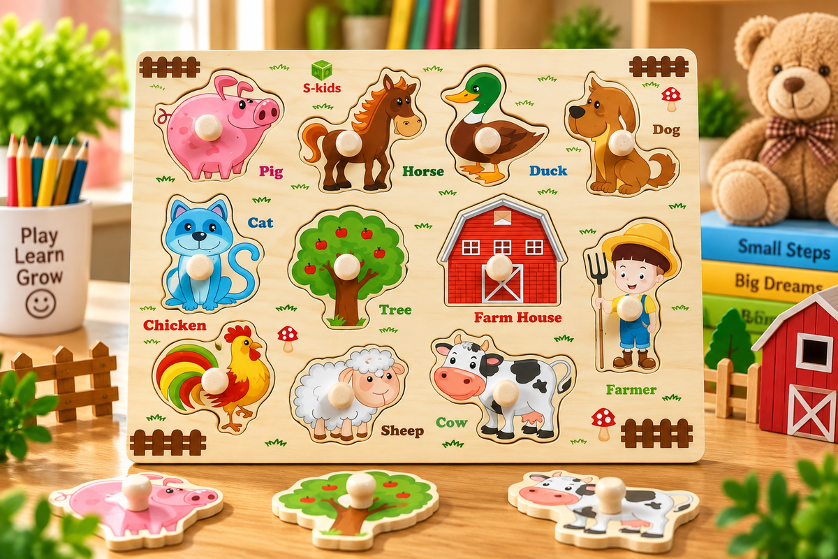 Wooden Farm Animals Peg Puzzle for Kids – Animal Recognition & Early Learning Knob Puzzle Board