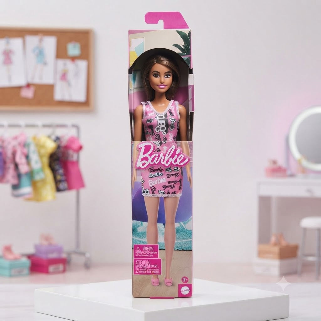 Barbie Mattel Fashion Doll with Pink Patterned Dress and Accessories