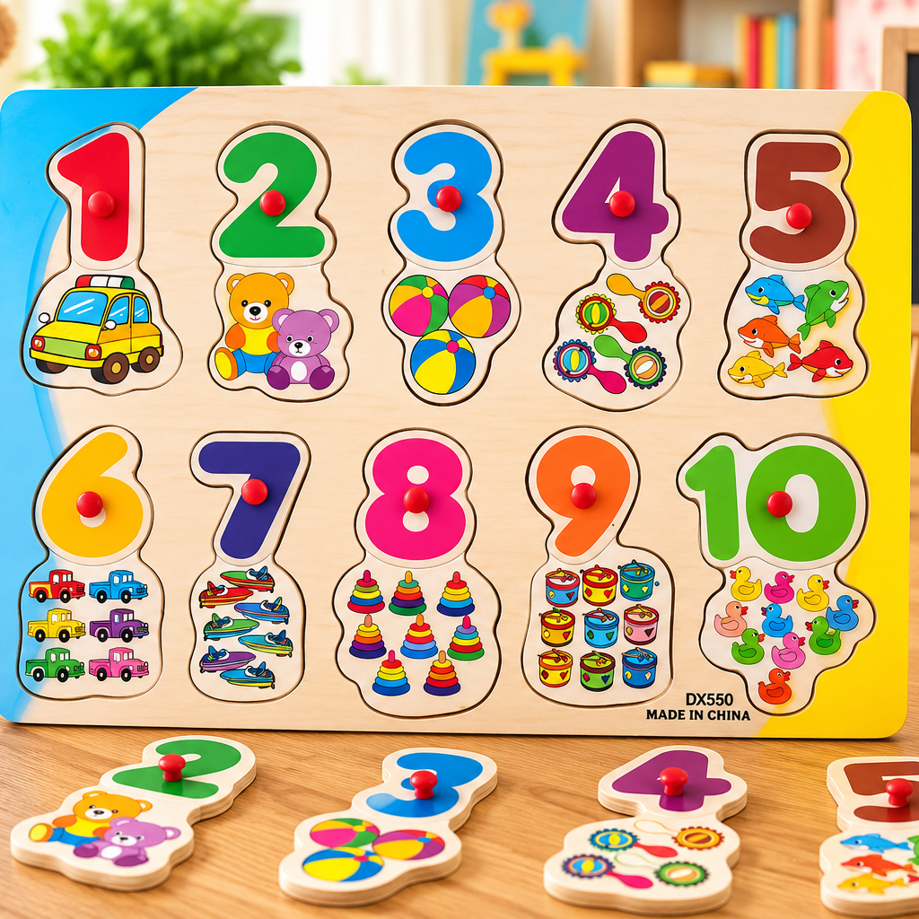 Wooden Numbers 1–10 Counting Peg Puzzle with Animal Pictures – Early Learning Educational Toy for Kids