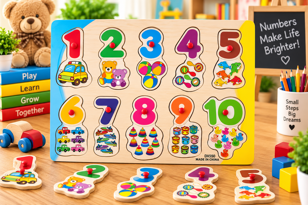 Wooden Numbers 1–10 Counting Peg Puzzle with Animal Pictures – Early Learning Educational Toy for Kids