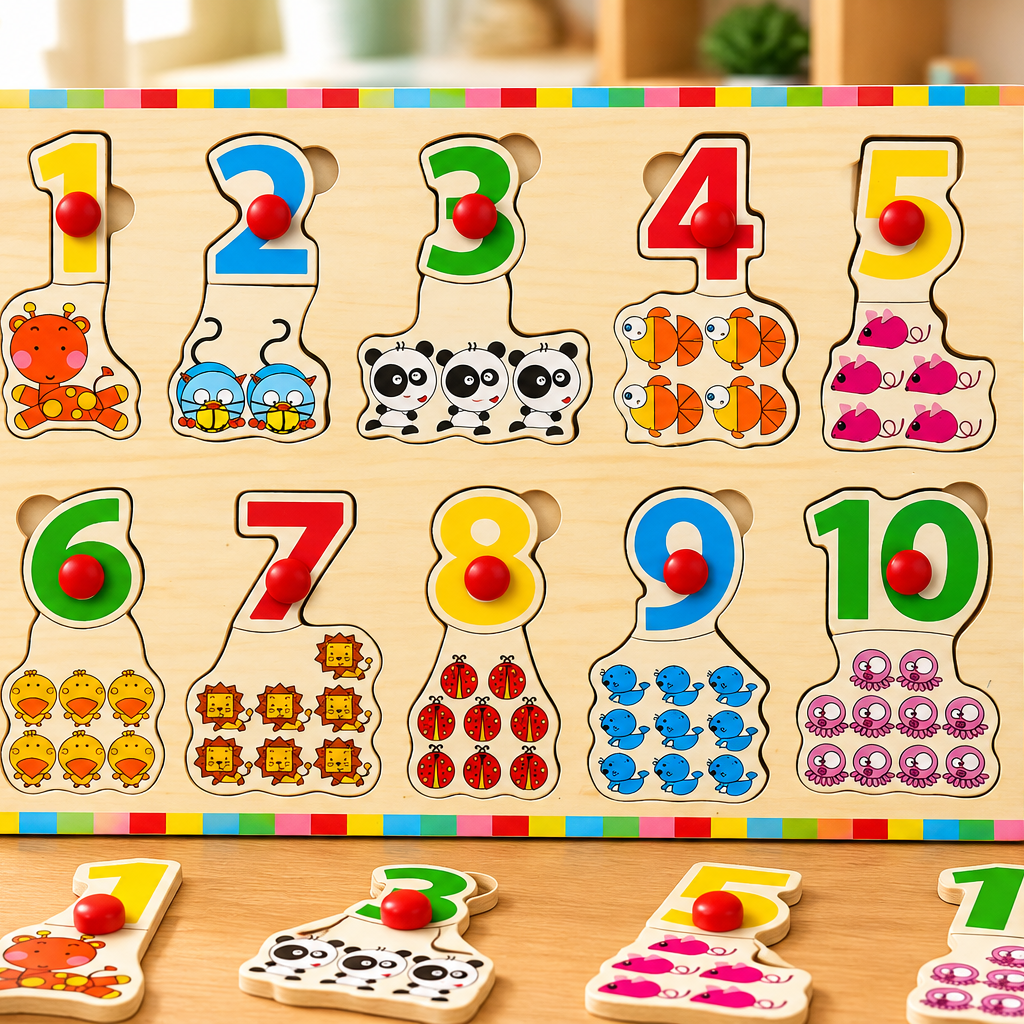 Wooden Numbers 1–10 Counting Peg Puzzle with Animal Pictures – Early Learning Educational Toy for Kids