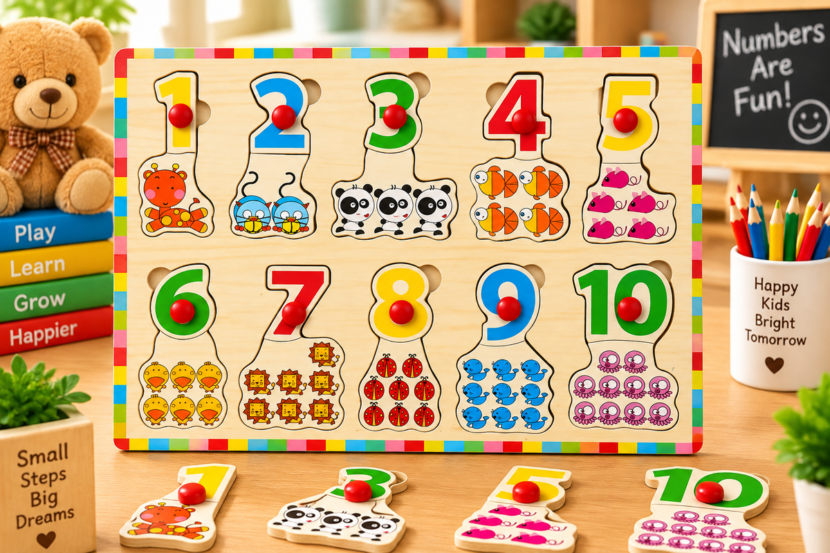 Wooden Numbers 1–10 Counting Peg Puzzle with Animal Pictures – Early Learning Educational Toy for Kids