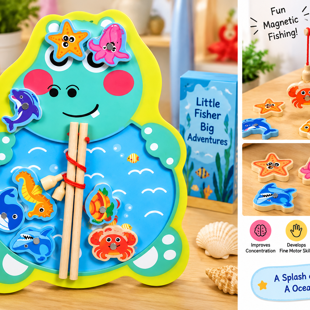 Wooden Magnetic Fishing Game for Kids – Cute Animal Theme Sea Creature Catching Puzzle with 2 Fishing Rods | Educational Learning & Fine Motor Skill Toy