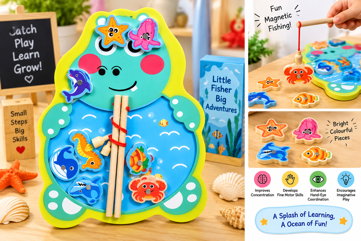 Wooden Magnetic Fishing Game for Kids – Cute Animal Theme Sea Creature Catching Puzzle with 2 Fishing Rods | Educational Learning & Fine Motor Skill Toy