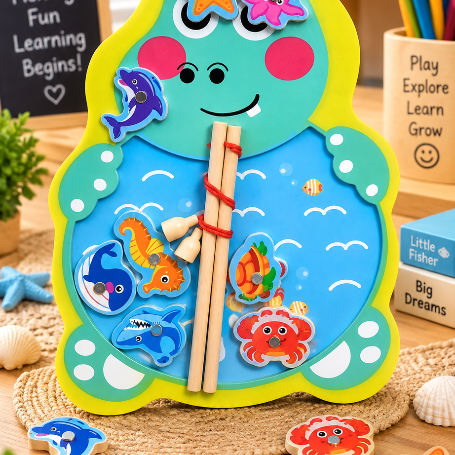Wooden Magnetic Fishing Game for Kids – Cute Animal Theme Sea Creature Catching Puzzle with 2 Fishing Rods | Educational Learning & Fine Motor Skill Toy