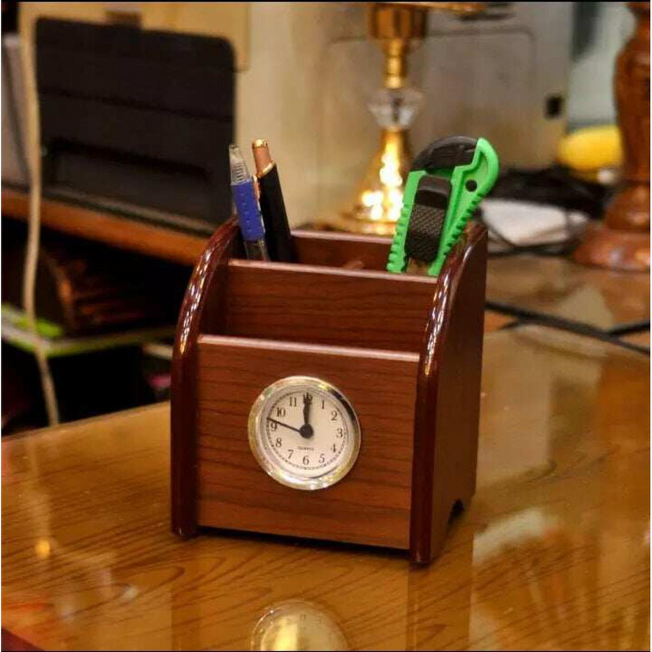 Wooden Pen Stand with Clock, Visiting Card & Mobile Holder – KidsBestie