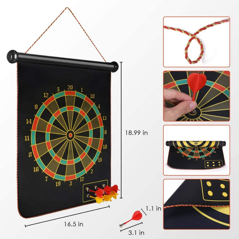 2 in 1 Magnetic Dart Board Game with 4 Magnetic Darts – Roll-Up Edition(Front & Back) | KidsBestie