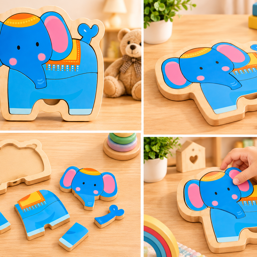 Cute Elephant Wooden Puzzle for Kids – Colourful Early Learning Jigsaw & Fine Motor Skill Toy