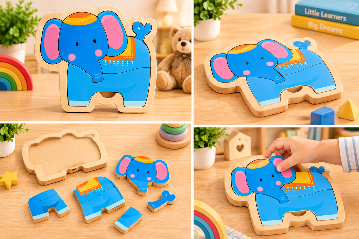 Cute Elephant Wooden Puzzle for Kids – Colourful Early Learning Jigsaw & Fine Motor Skill Toy
