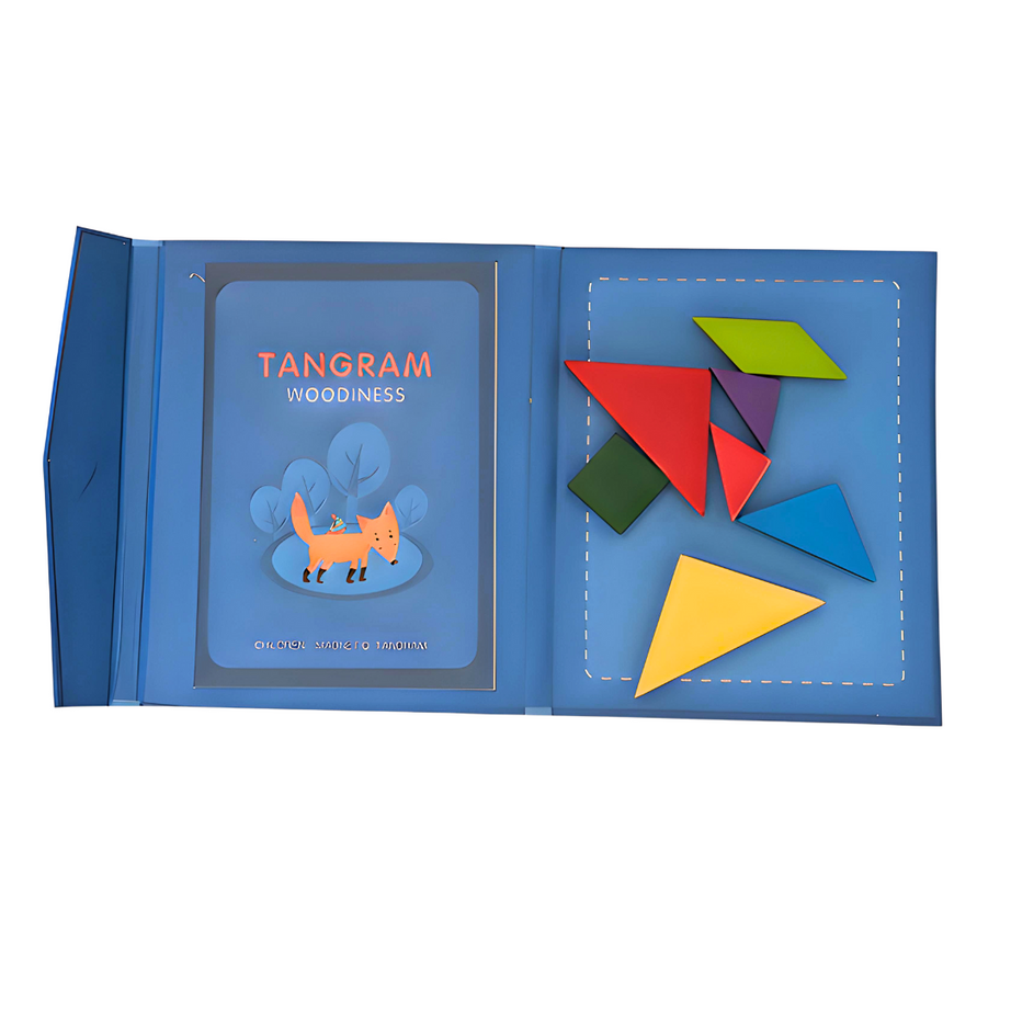 Wooden Tangram Travel Game Pack of 2 Magnetic Puzzle Book Game Tangrams Jigsaw Shapes with Solution Traveler Challenge IQ Educational Toy for 3-99 Years
