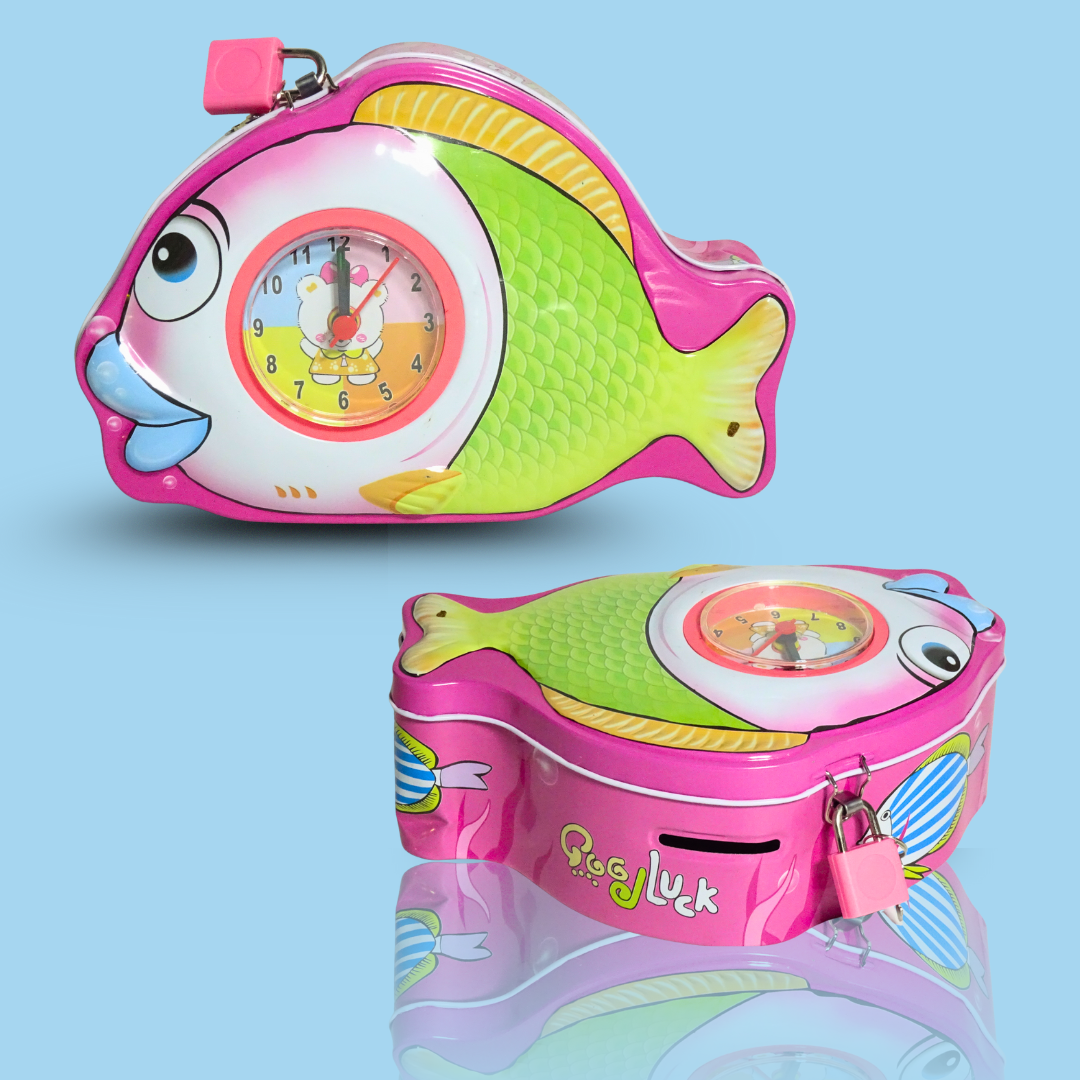 Fish Shaped Metal Money Bank with Clock (Random Colours)