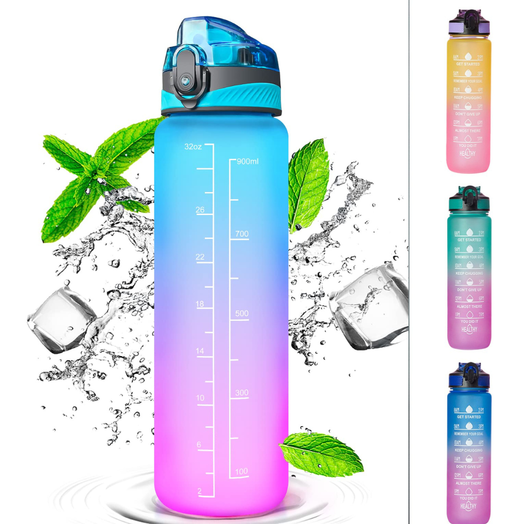 Daily Tracking Leakproof Motivational Water Bottle with Time Marker & Straw 1000 ml - Random Color