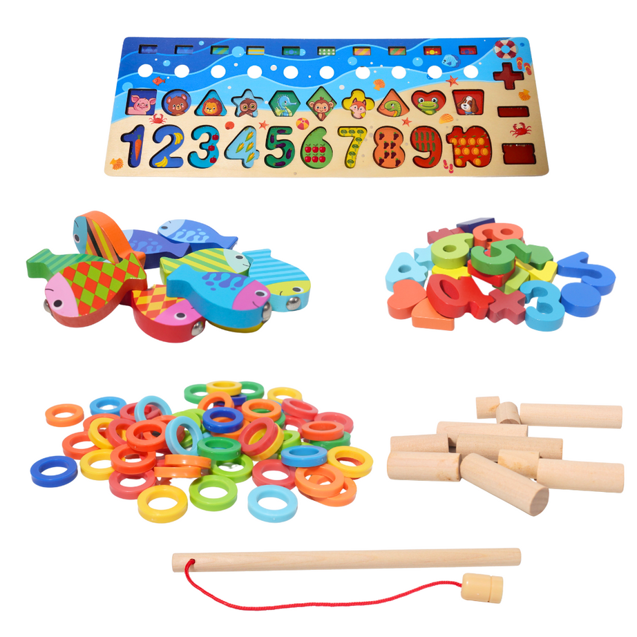 4 IN 1 Fishing Montessori Learning Board for Kids with Brown Box