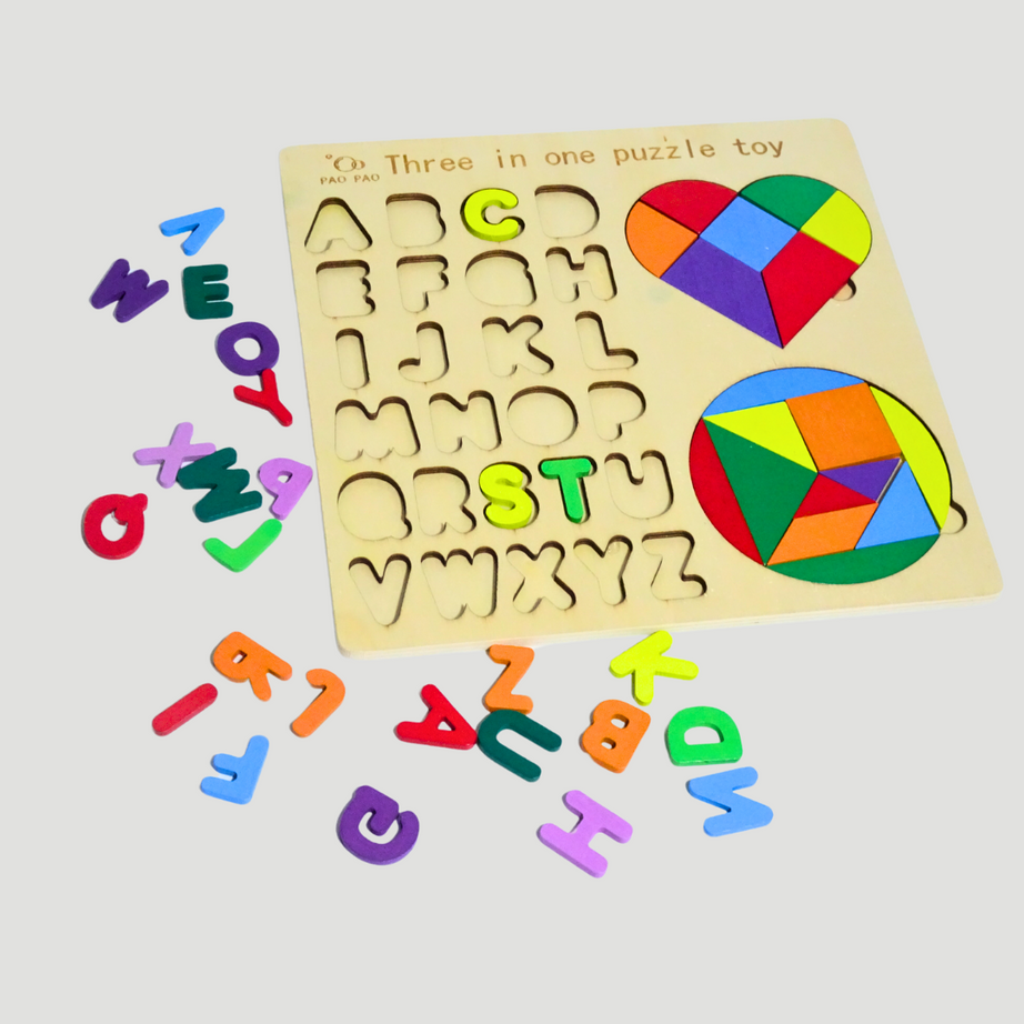Three-in-One Puzzle with Alphabets, Shapes & Puzzle Pieces – KidsBestie Educational Essential!