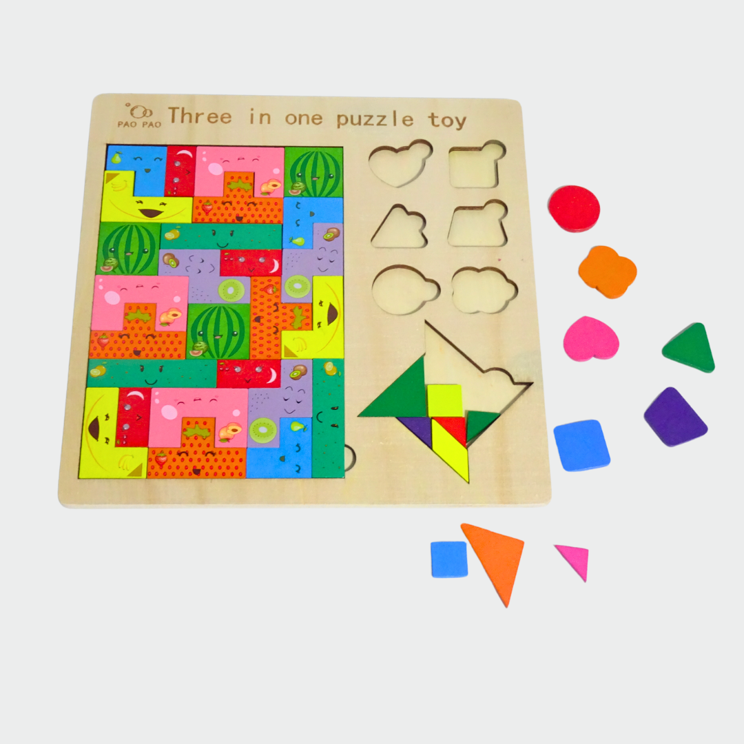 Three-in-One Puzzle with Fruits, Shapes & Puzzle Pieces – KidsBestie Learning Delight!