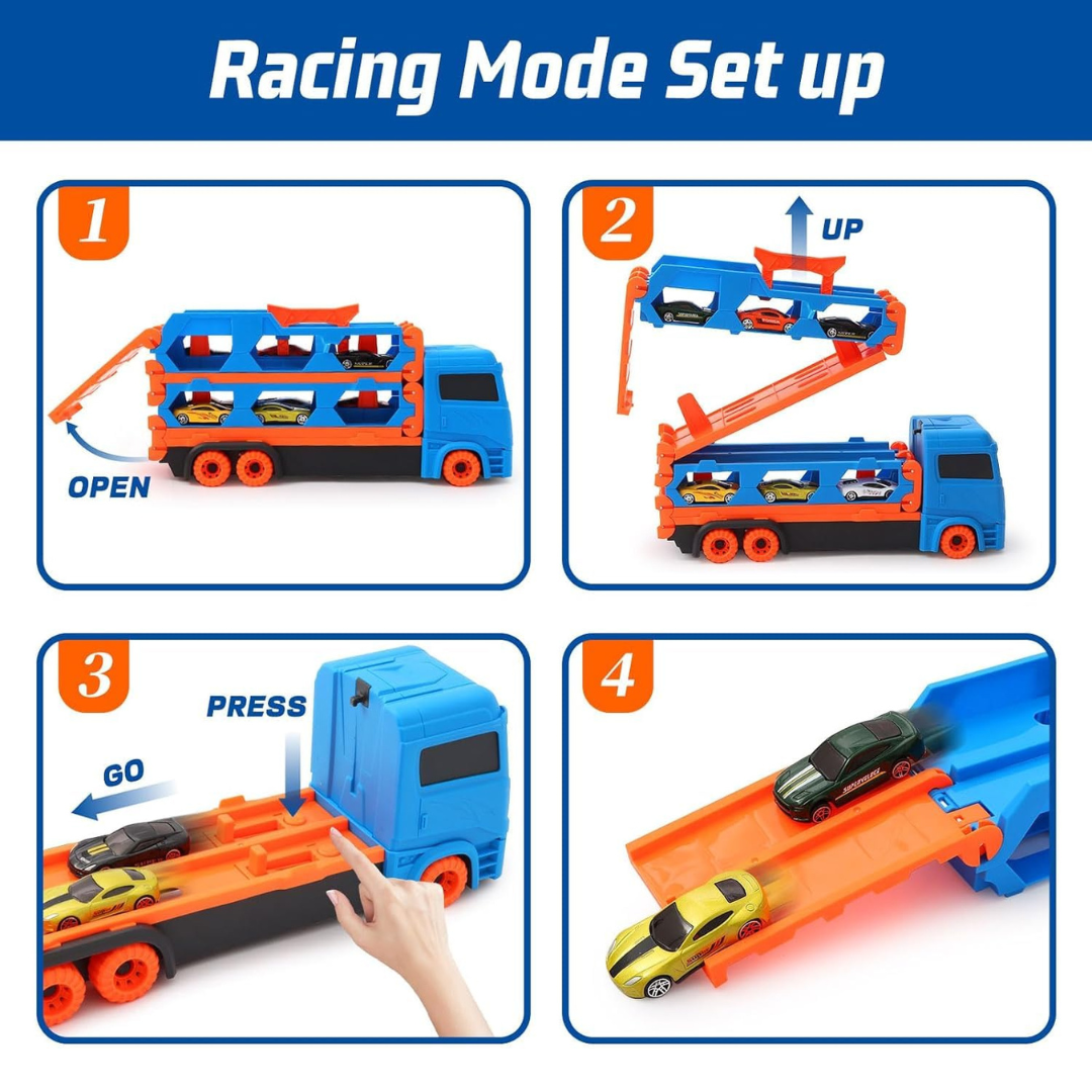 Deformable Transport Truck Toy | 2 Foldable Ejection Race Tracks | 64-inch Racing Fun for Kids