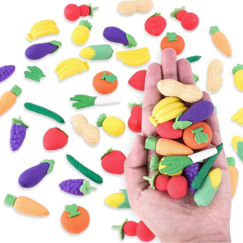 Variety Vegetable / Fruit Eraser Birthday Return Gifts for Kids- Pack of 3 Zip Pouch