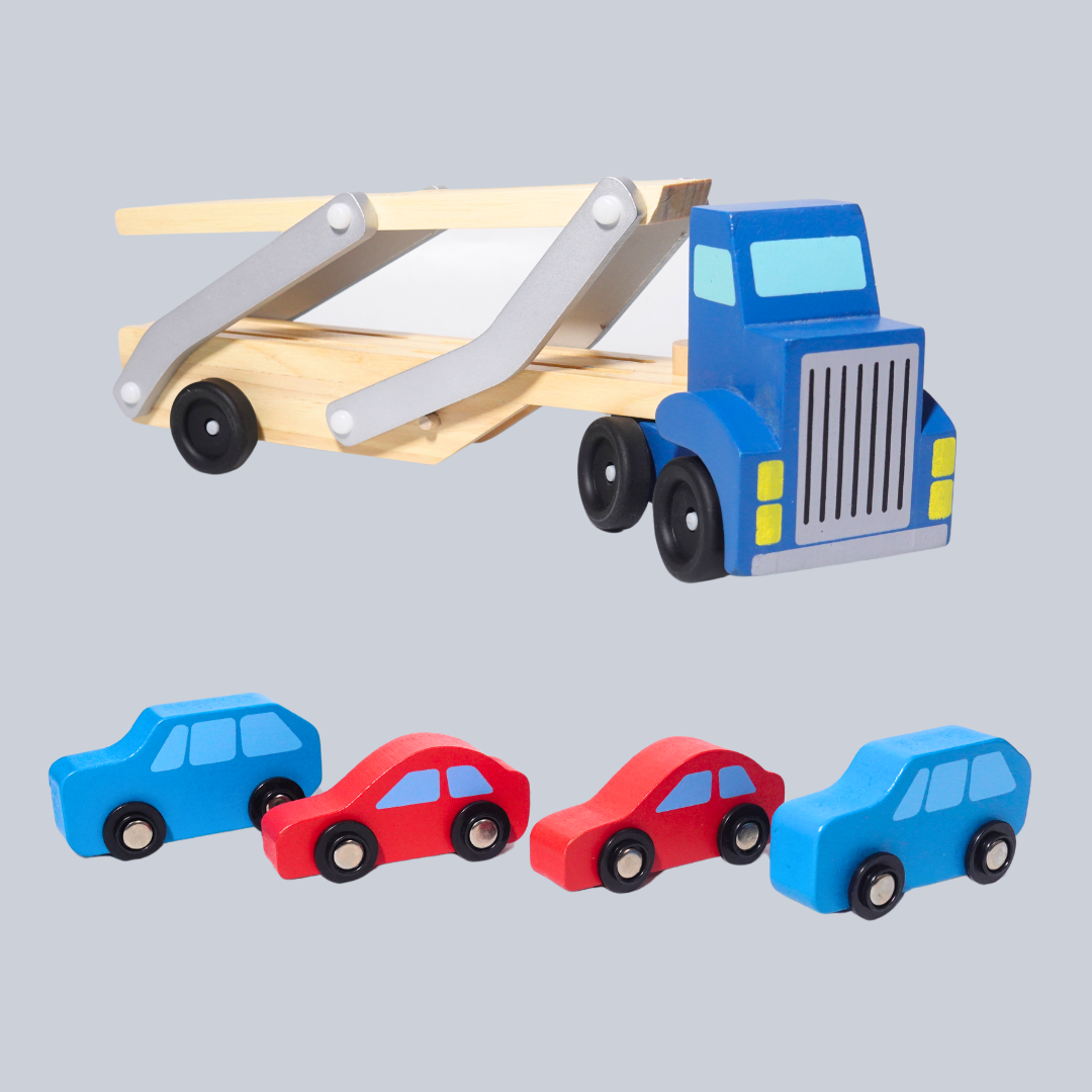 Wooden Handmade Double Decker Car Loader Toy with 4 Cars