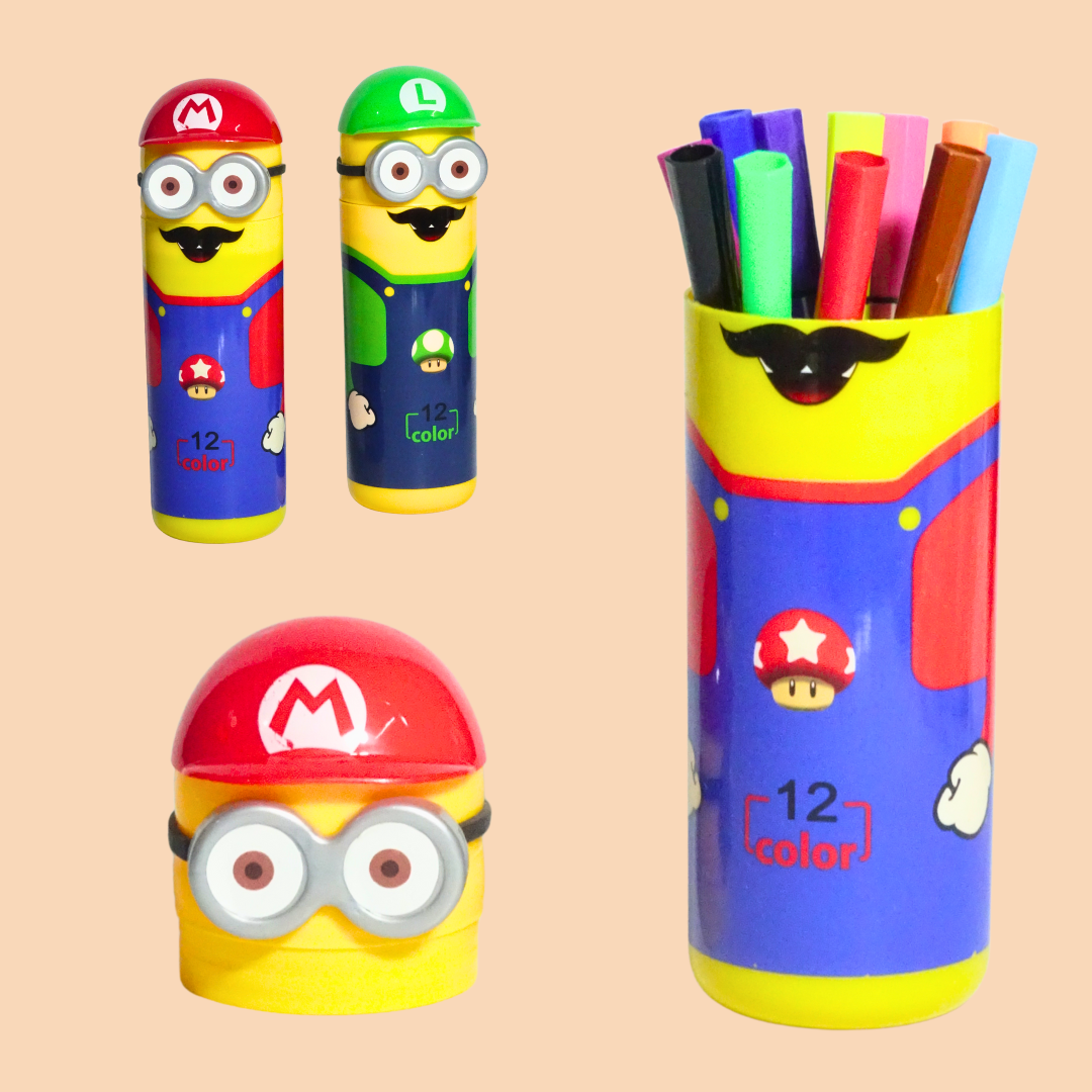 Colour Sketch Pen Set | Minion Pen Holder with 12 Colorful Sketch Pens (Random Design)