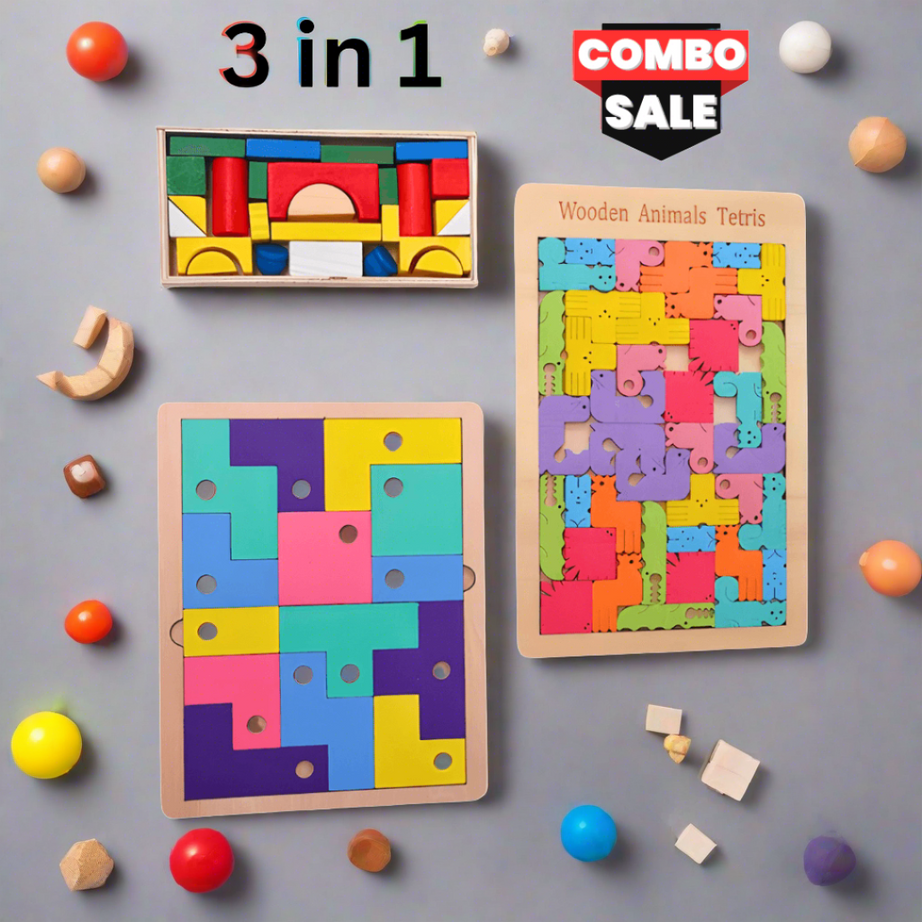 3 in 1 Combo of Shapes, L paired Puzzles, Wooden tetris Puzzles for kids Age 3+, Adults - Kids Bestie