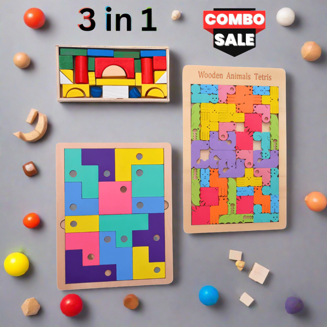 3 in 1 Combo of Shapes, L paired Puzzles, Wooden tetris Puzzles for kids Age 3+, Adults - Kids Bestie