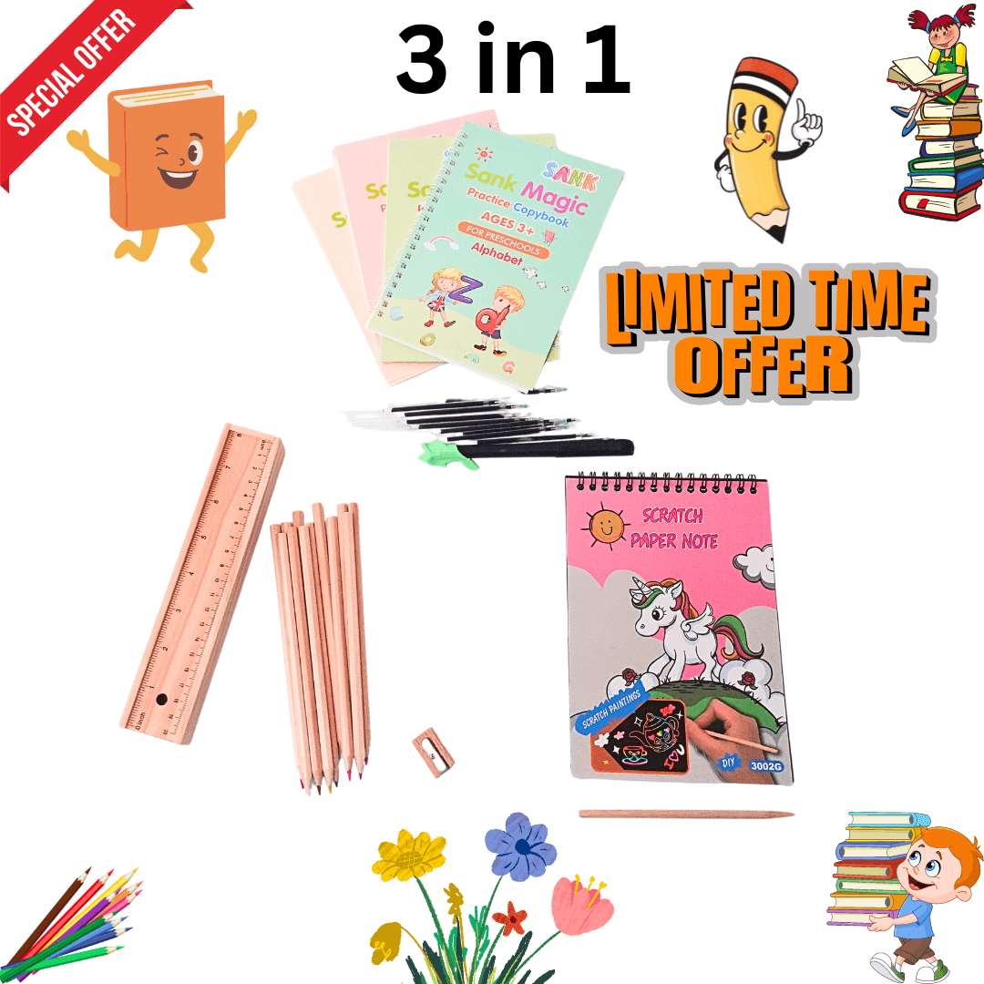 3 in 1 Combo of Wooden colour Pencil Box, Unicorn Scratch, Magic Practise Copybook with refills - Kids Bestie