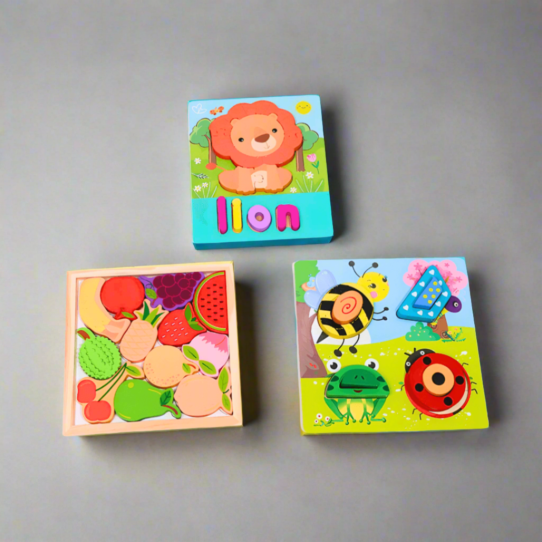 3 puzzles of Animals with Names, fruits, Insects - Kids Bestie