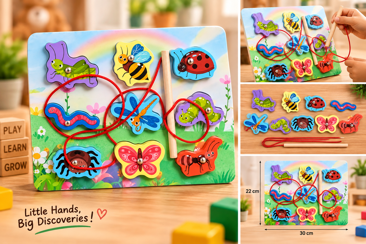 Wooden Lacing & Threading Activity Board for Kids – Assorted Educational Themes