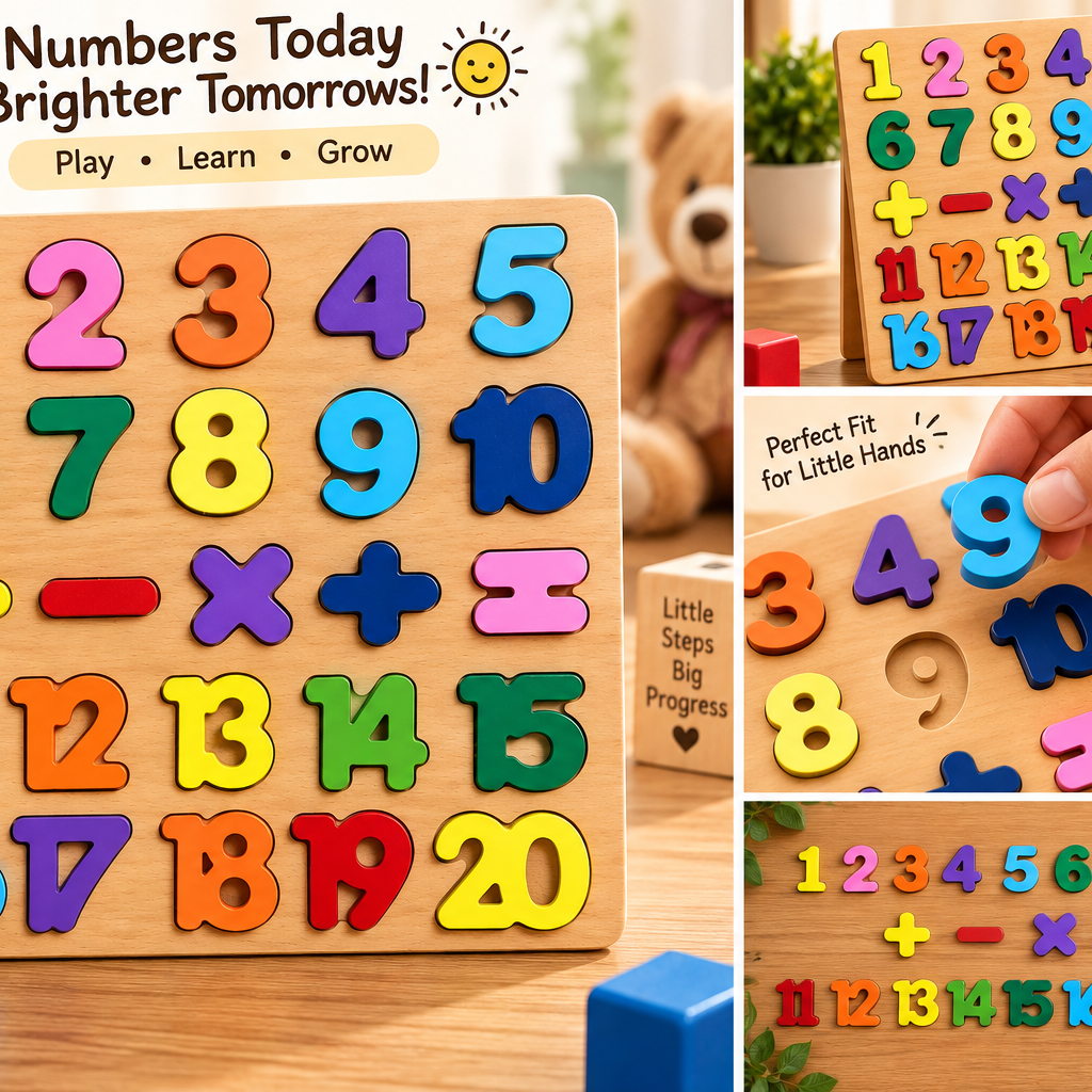Kids Wooden Number & Math Symbols Puzzle Board – Colorful Early Learning Counting & Arithmetic Educational Toy