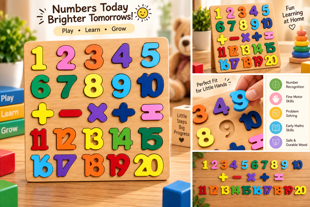 Kids Wooden Number & Math Symbols Puzzle Board – Colorful Early Learning Counting & Arithmetic Educational Toy