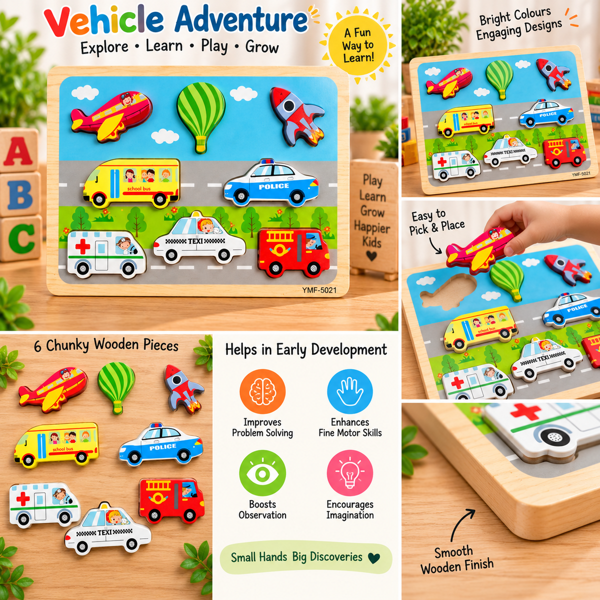 Kids Wooden Vehicle & Transport Puzzle Board – Colourful Early Learning Educational Puzzle Toy