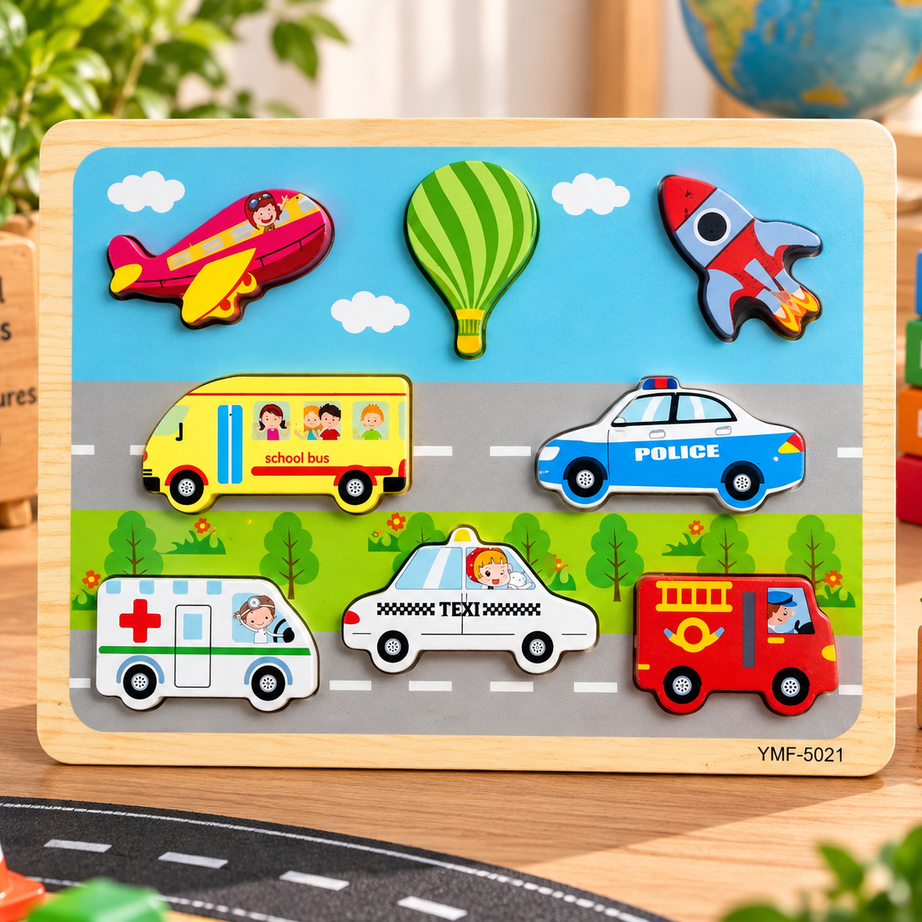 Kids Wooden Vehicle & Transport Puzzle Board – Colourful Early Learning Educational Puzzle Toy