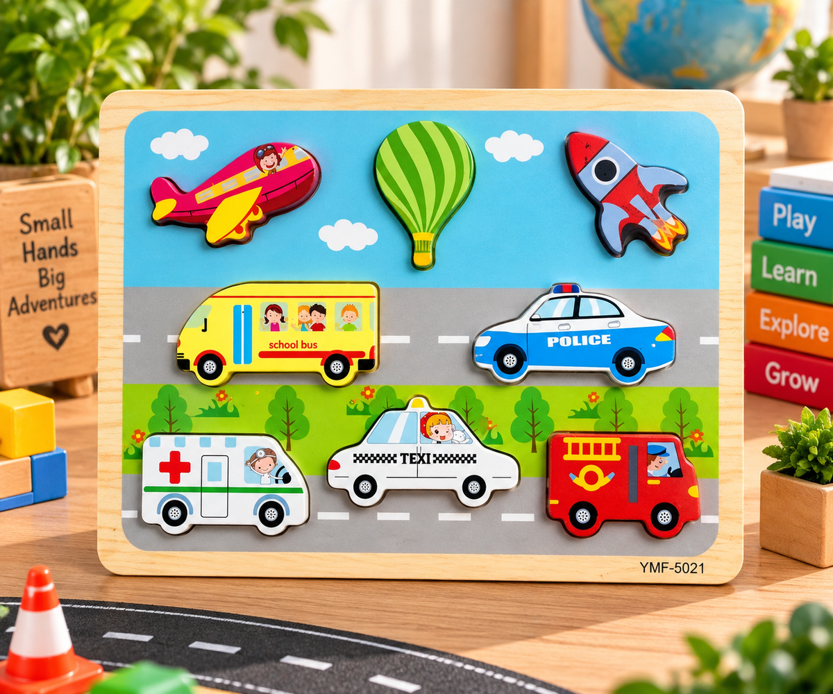 Kids Wooden Vehicle & Transport Puzzle Board – Colourful Early Learning Educational Puzzle Toy