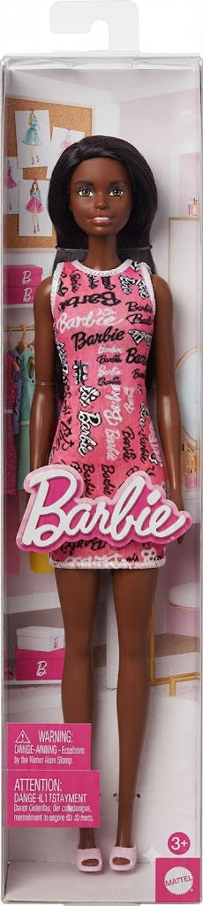 Barbie Signature Logo Dress Doll: Sleek Straight Black Hair & Modern Pink Casual Chic